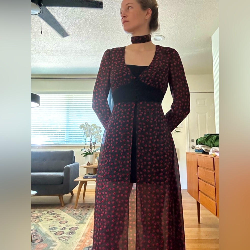 Urban Outfitters open-front, sheer dress ft. red poppy micro print